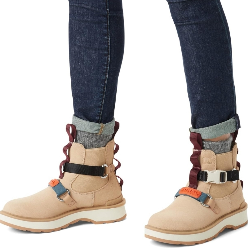 Sorel Hi-Line EQ Chelsea Beige and Black Boots with Orange Accents